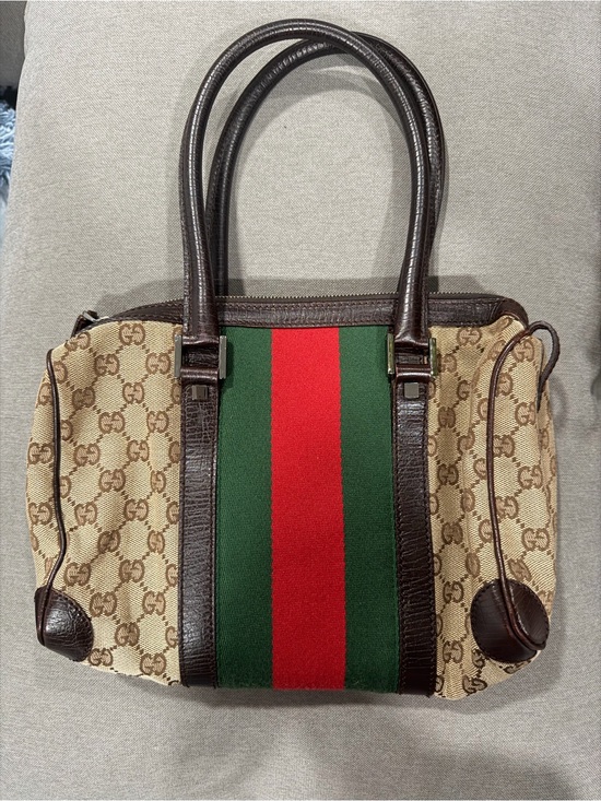 Gucci Handbags - Gucci Brown Monogram Messenger Bag with Green and Red Center Stripe